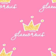 süßes glamouröses nahtloses Muster mit Schriftelementen und funkelnder Krone auf rosa Hintergrund, bearbeitbare Vektorgrafik für Kinderbekleidung, Dekoration, Stoff, Textil, Papier