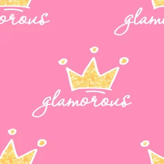 Draagtas schattig glamoureuze naadloze patroon met belettering elementen en sprankelende kroon op roze achtergrond, bewerkbare vectorillustratie voor kinderkleding, decoratie, stof, textiel, papier © YaniCorn