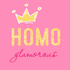 cute glamorous print for kids t shirt or decorations with lettering elements and sparkling crown on pink background, editable vector illustration