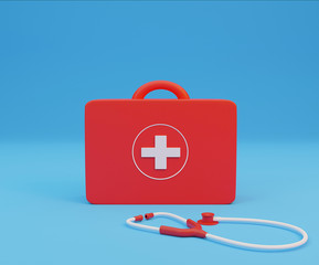 3D rendering of Stethoscope and First Aid Kit on a blue background.