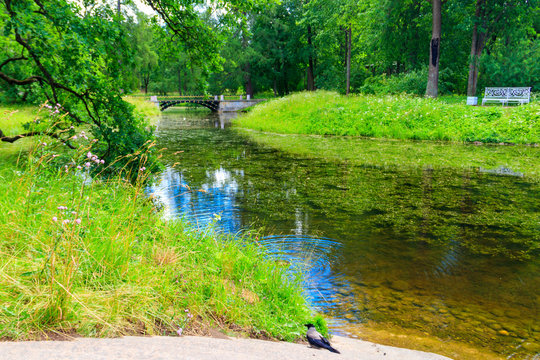 Bridge across a small river in Catherine park in Pushkin (Tsarskoye Selo), Russia