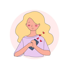 Happy girl with a phone. Illustration of a young girl in love holding a smartphone. Vector 8 EPS.