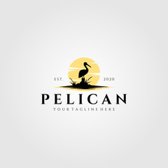 pelican bird logo vintage with sun background vector illustration design