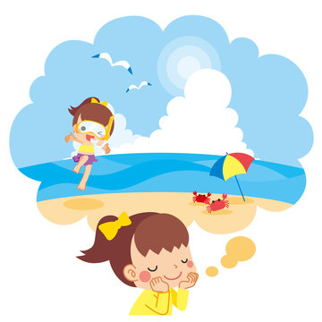 夏休みの旅行で海水浴へ行くのを楽しみにしている女の子