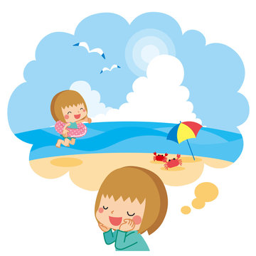夏休みの旅行で海水浴へ行くのを楽しみにしている女の子