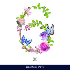 Floral number six, lined with flowers, butterfly and leaves. Editable Vector Cute floral symbol on a white background.