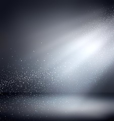Fototapeta na wymiar Rays illuminate dark grey room 3d background. Shiny dust in air.