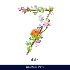 Floral number seven, lined with flowers, butterfly and leaves. Editable Vector Cute floral symbol on a white background.