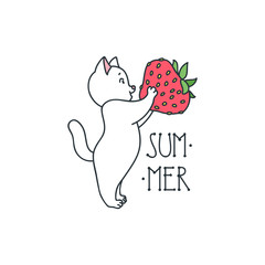 Summer. Cute illustration of a happy cat holding a big strawberry. Vector 8 EPS.