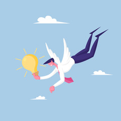 Businessman Have Creative Idea, Muse, Business Vision, Educational Insight and Motivation. Male Character with White Wings and Glowing Light Bulb in Hand Flying in Sky. Cartoon Vector Illustration
