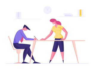 Male and Female Characters Office Employees Creative Team Discuss Problems. Business People Working Together in Company. Cheerful Woman Help to Man, Teamwork and Support. Cartoon Vector Illustration