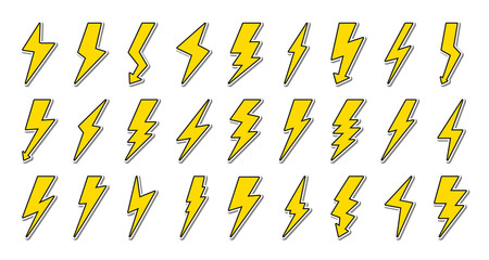 Set of yellow lightning bolt with black contour. Icons in style 80s-90s. Great for patch, badges, sticker with shadow. Symbol energy and thunder, electricity. Flash emblem Isolated vector illustration