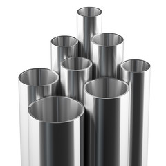 Steel tubes, 3D illustration. Set of metal pipes on a white background.