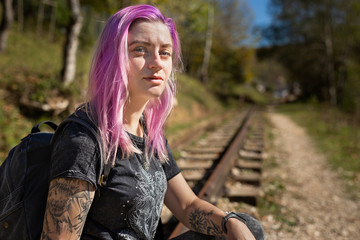 pretty girl travel in a old narrow gauge railway. A canyon Guamka,  Russia, Krasnodar. A forest, a...