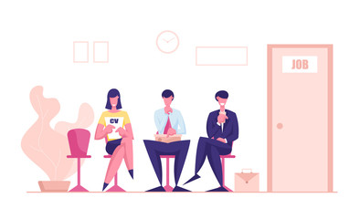 Young Men and Woman Candidates Characters with Cv Sitting on Chairs in Waiting Room Setting Mind Up Before Job Interview or Meeting with Potential Business Partners. Cartoon People Vector Illustration