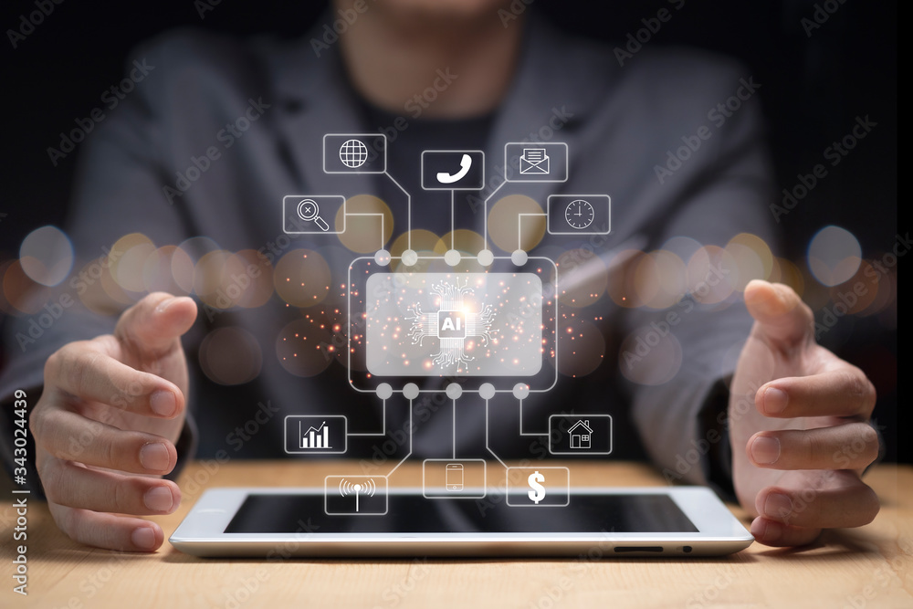 Poster businessman hand create artificial intelligence for technology transformation and internet of thing 