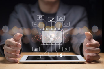 Businessman hand create artificial intelligence for technology transformation and internet of thing...