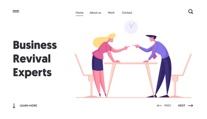 Business People Dispute, Disagreement, Challenge Leadership Landing Page Template. Business Woman and Man Arguing and Fight, Quarrel in Office, Characters Fighting. Cartoon Vector Illustration