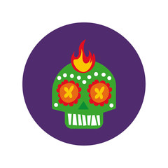 mexican skull mask with flame culture block and flat style icon