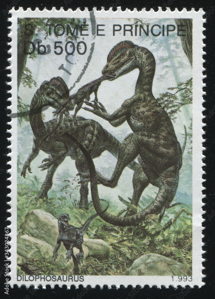 Sticker russia kaliningrad, 27 march 2019: stamp printed by sao tome and principe shows dinosaur, circa 1993