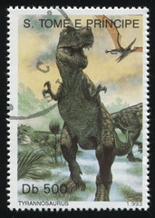 RUSSIA KALININGRAD, 27 MARCH 2019: stamp printed by Sao Tome and Principe shows dinosaur, circa 1993