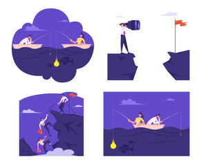 Set Businessmen and Businesswomen Characters Catching Fish Sitting in Boat in Ocean, Climbing Mountain in Team, Look in Huge Binoculars. Teamwork, Business Vision. Cartoon People Vector Illustration