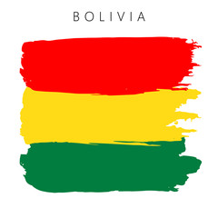 Flag of Bolivia. Vector illustration on white background. National flag with three colors: red, yellow and green. Beautiful brush strokes. Abstract concept. Elements for design. Painted texture.