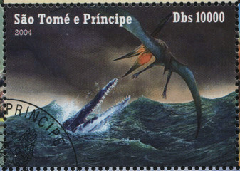 RUSSIA KALININGRAD, 28 MARCH 2019: stamp printed by Sao Tome and Principe shows dinosaur, circa 2004