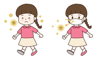 Walking girl with a medical face mask, protection against corona virus. Vector illustration isolated on white background.