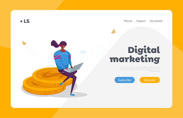 Woman Freelancer Character Working on Laptop Sitting on Huge Pile of Golden Coins Landing Page Template. Freelance Outsourced Employee Occupation Activity, Online Service. Cartoon Vector Illustration