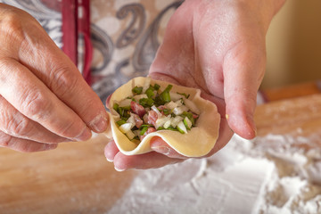 Female hands make manti, khinkali, dumplings or wonton from dough with minced meat filling and greens on the background of a kitchen table with flour. Homemade food. Close-up.