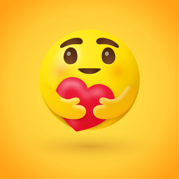 Care emoji - yellow face emoticon with large open glossy eyes hugging a red heart with both hands showing care, support, and presence