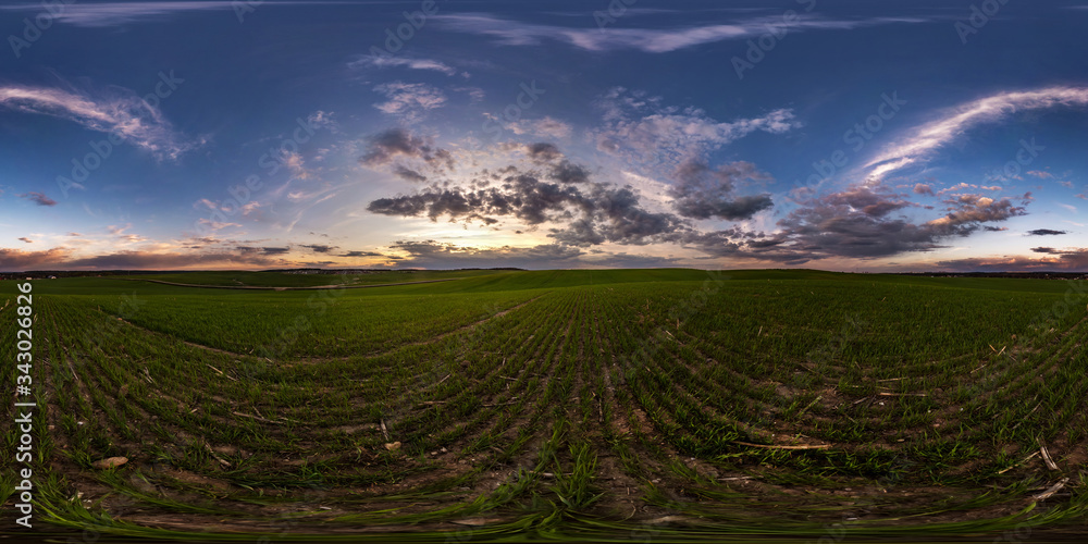 Wall mural full seamless spherical hdri panorama 360 degrees angle view on among fields in spring evening befor