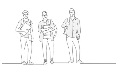 Three guys with books and backpack. Students. Contour drawing vector illustration.