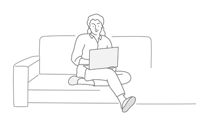 Girl sitting on a sofa with laptop. Contour drawing vector illustration.