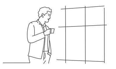 Man is standing near panoramic window with cup. Contour drawing vector illustration.