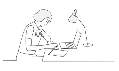 Woman sitting at desk and writs. Contour drawing vector illust