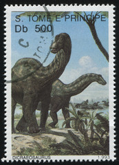 RUSSIA KALININGRAD, 27 MARCH 2019: stamp printed by Sao Tome and Principe shows dinosaur, circa 1993
