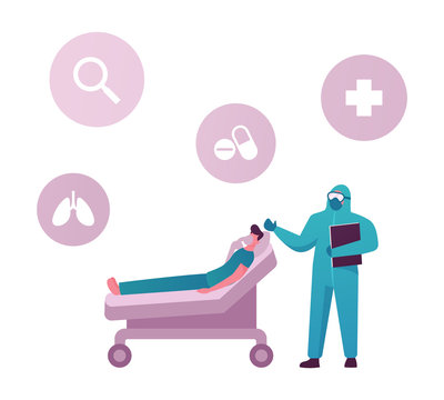 Male Character Lying In Clinic Department Chamber In Hospital Need Mechanical Lungs Ventilation At Covid19 Pandemic. Doctor In Hazmat Suit Stand Near Patient Bed. Cartoon People Vector Illustration