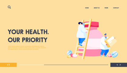 Pharmacy, Drugstore Worker with Remedy Production Box Landing Page Template. Tiny Pharmacist Characters Climbing on Huge Medicine Bottle with Drug Pills and Tablets. Cartoon People Vector Illustration