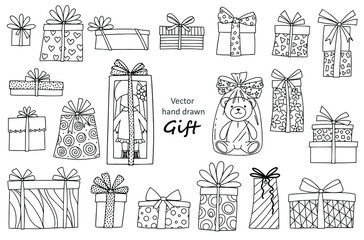 Set on the theme of gifts: gift boxes, doll, Teddy bear. Vector linear illustration for printing, coloring, and other design elements.