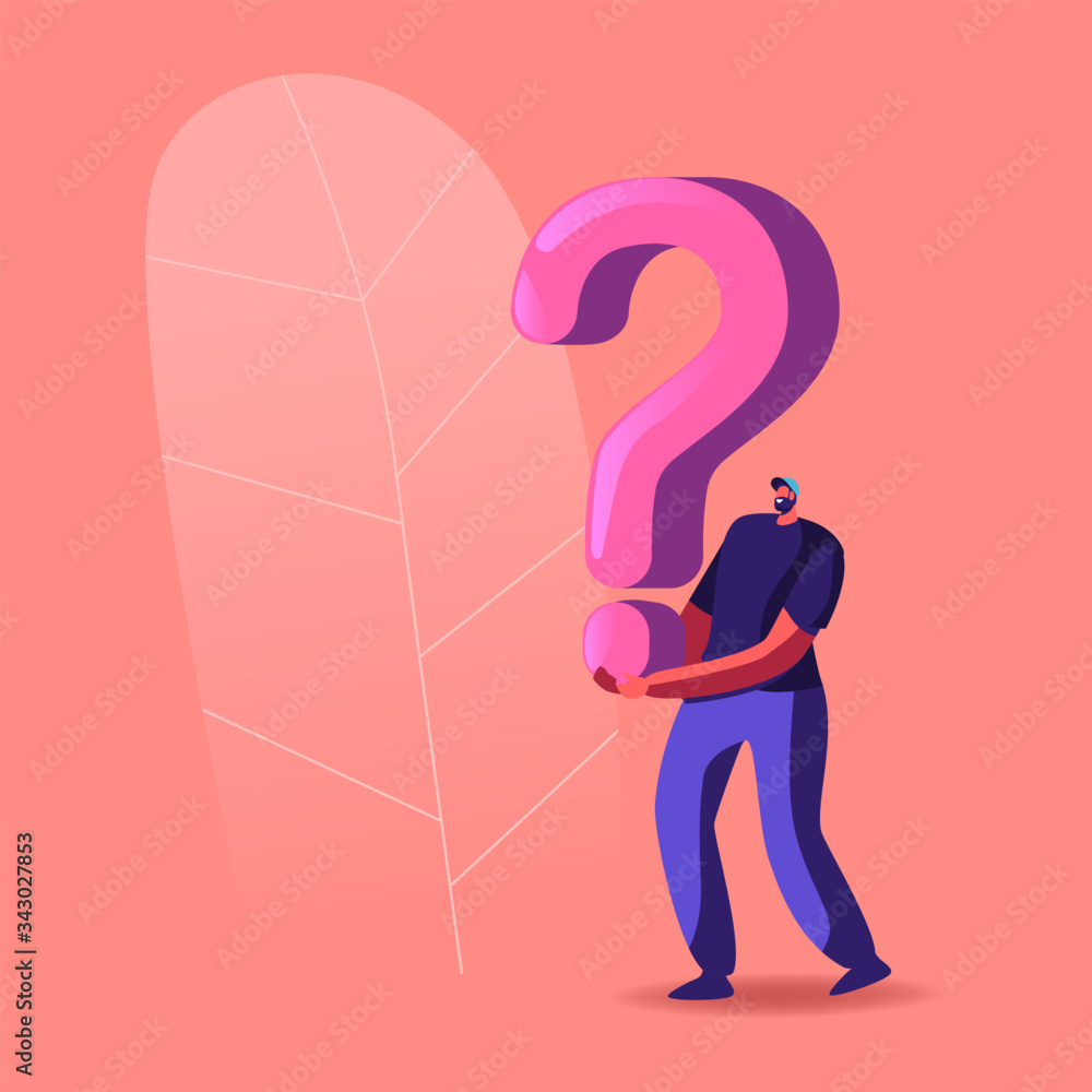 Poster character holding huge question mark solving problem or room escape conundrum, enigma. searching sol