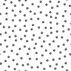Footprint cat or dog seamless pattern vector black white domestic pet paws contour background.