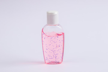 Coronavirus hand sanitizer gel to wash hands for flu virus prevention. Alcohol based antimicrobial disinfectant product on white background