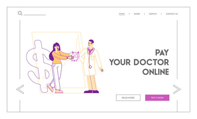 Medicine Price, People Saving and Collect Money, Health Care Cost, Finance Budget Landing Page Template. Woman Character Give Piggy Bank to Doctor at Huge Dollar and Graph. Linear Vector Illustration