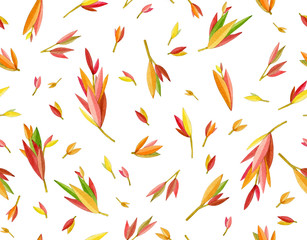 Seamless pattern colorful, autumnal  leaves,  isolated on white. Abstract leaves background. Watercolor illustration.