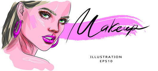 Obraz na płótnie Canvas Gorgeous girl, woman's face with beautiful makeup and lips hand drawn vector illustration. Stylish graphic portrait of a beautiful young model girl. Fashion, style, beauty. Graphics, sketch drawing