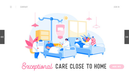 Doctor and Nurse Characters Visit Patient in Chamber Landing Page Template. Medicine Health Care, Medical Staff in Hospital Diagnosis Treatment. Woman with Flowers. Cartoon People Vector Illustration