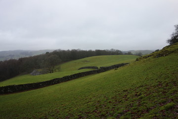 Obraz premium Green hills with trees, forest, walls and a cloudy sky