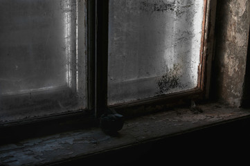 dark gloomy place. abandoned hotel building. old broken windows. horror interior